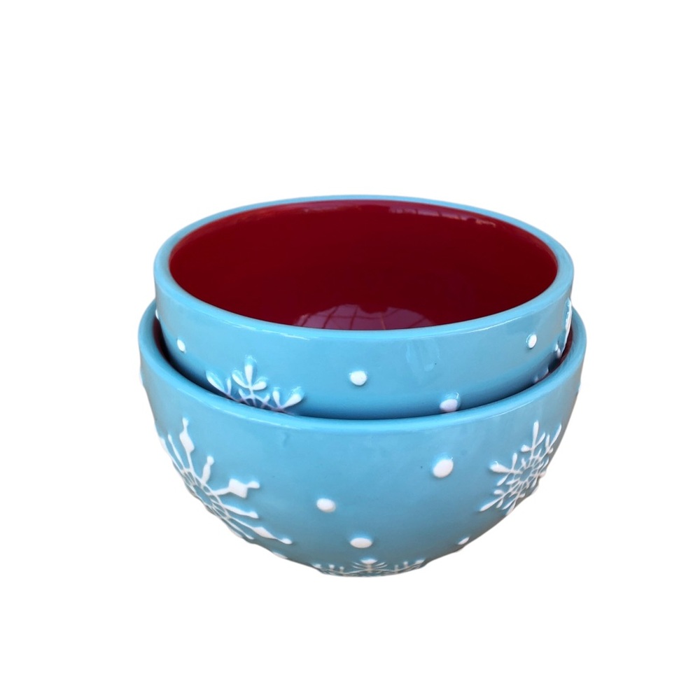 Hallmark 2 Cozy Snowflake Ceramic Tiffany Blue White Red Nesting Christmas Bowls
